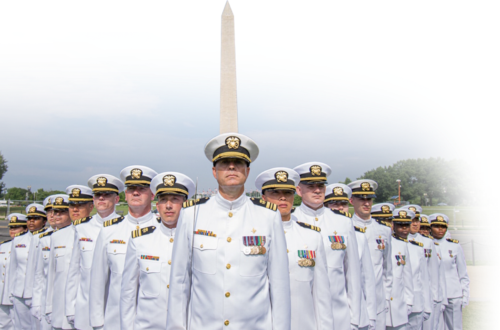 USPHS officers in summer whites in front of Washington Monument.